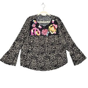 SAVANNA JANE Black Floral Embroidered Leopard Print Mixed Media Boho Top SIZE 1X